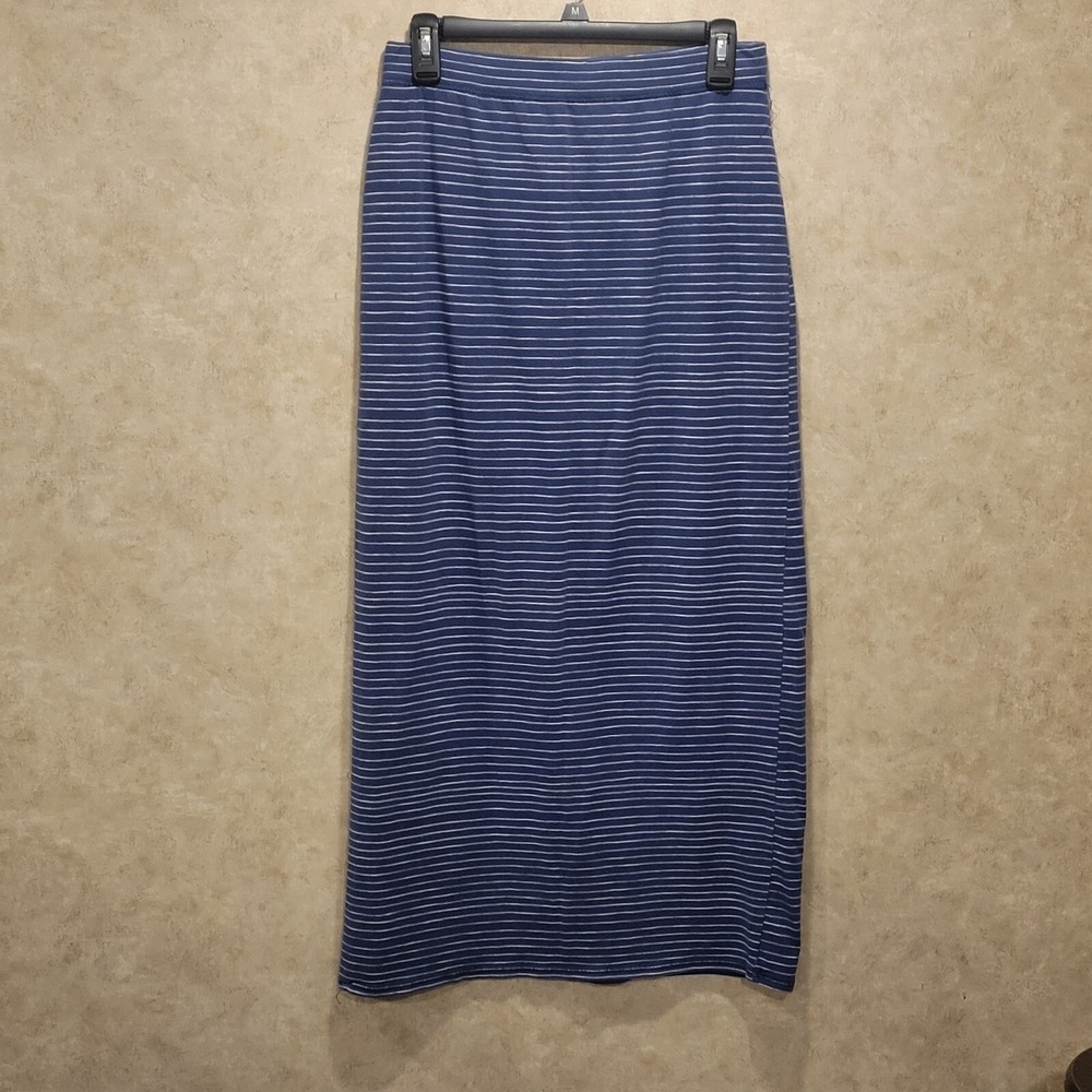 Life is Good SZ S Blue Nautical Maxi Stripe Casual Beachy Skirt W/Slit Pull On - Picture 2 of 10